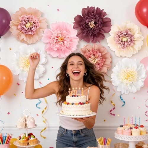SUNBEAUTY 6 Pcs Large Boho Tissue Paper Flowers 12'' Giant Crepe Paper Flowers Decorations for Birthday Mexican Fiesta Spring Wedding Flower Backdrop Baby Bridal Shower Carnival Party Wall Decor - Image 5