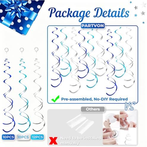 32 PCS Blue Lake Blue Silver Hanging Swirl Decorations, Sparkle Ceiling Swirls with Plastic Streamers for Graduation, Birthday, Wedding, Ocean Theme, Baby Shower, Winter, New Year - Image 4