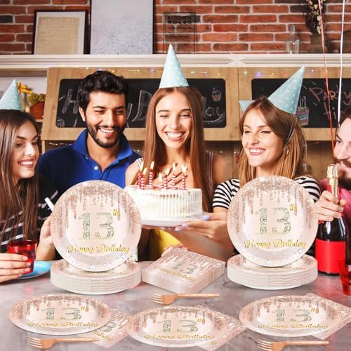 200 PCS Rose Gold 13th Birthday Party Plates Napkins Pink 13th Tableware Set for Happy 13 Years Old Birthday Decorations Dessert Plates Forks Serve 50 Guests for Girls 13 Years Old Party Supplies - Image 5