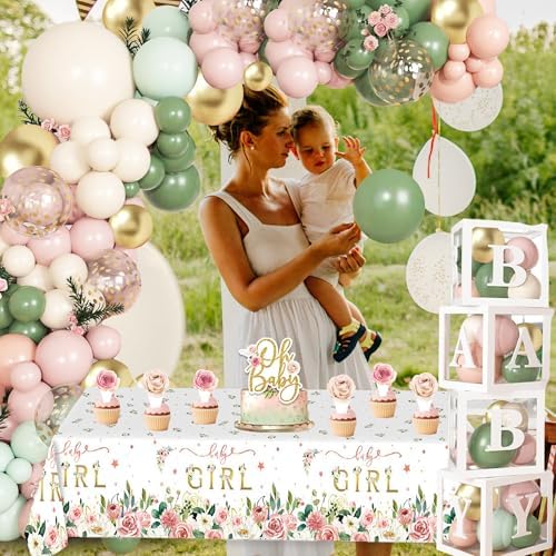 Baby in Bloom Baby Shower Decorations for Girl, Sage Green and Pink Party Supplies with 4pcs Balloon Boxes, "Welcome Baby Girl" Backdrop, Floral Tablecloth, 70pcs Balloon Garland Arch Kit - Image 6