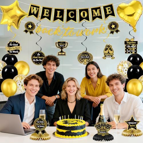 27pcs Welcome Back to Work Decorations Office Black Gold Welcome Back to Work Banner Balloons We Missed You So Much Backdrop Hanging Swirls Table Centerpieces Foil Balloons for Back to Work Office - Image 4