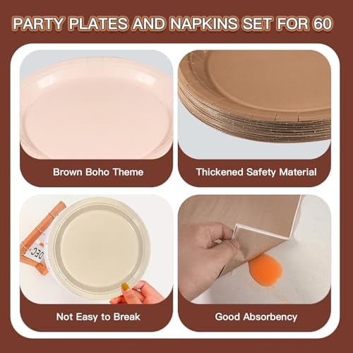 180Pcs Brown Party Supplies Boho Paper Plates and Napkins Serve 60 - Image 3