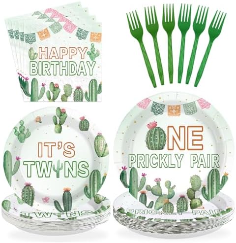 96Pcs Mexican Cactus Twins 1st Birthday Decorations Serves 24 by Greencian