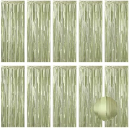 10 Pack Sage Green Foil Curtain Backdrop 3.2ft x 9.8ft Metallic Tinsel Foil Fringe Curtains Streamer Backdrop for Birthday Party Halloween Christmas New Year Party Supply (Matte Sage Green) by Ohiyoo