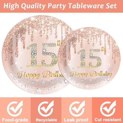 96Pcs 15th Birthday Party Plates and Napkins for 15 Year Old Birthday Party Supplies Rose Gold Paper Dessert Plates 15th Birthday Tableware Set for Girls Women 24 Guests Party Decorations - Image 3