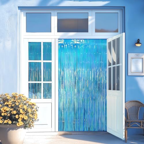 2 Pack Blue Iridescent Streamers Backdrop, 3.3x6.6ft Foil Fringe Curtains Holographic Door Tinsel Streamers for Birthday, Wedding, Holiday, Bachelorette, Christmas, Winter Theme Party Decorations - Image 7