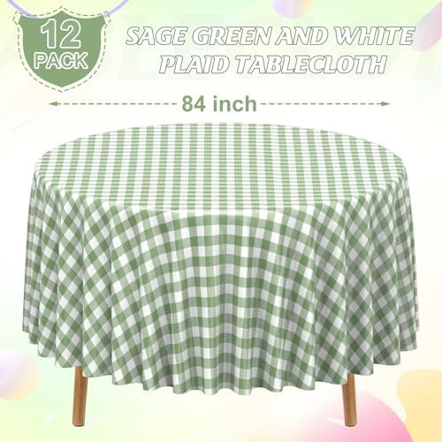 12 Pack Sage Green Plastic Checkered Tablecloth Round, Premium Decorative Disposable Sage Green Gingham Plaid Table Cloths for Parties, Round Party Table Cover for Baby Shower Picnic Birthday, 84 Inch - Image 2