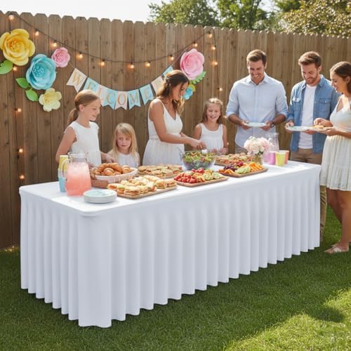 4 Pack White Spandex Table Covers 4ft Rectangle Ruffle Skirts for Party - Image 3