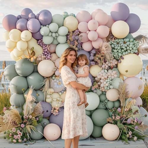 Dusty Green Purple Pink Balloon Arch, Double Stuffed Lavender Light Sage Green Ivory Blush Pastel Balloon Garland Kit for Baby Shower Birthday Wedding Bridal Wild-Flower Tea Party Decoration - Image 6