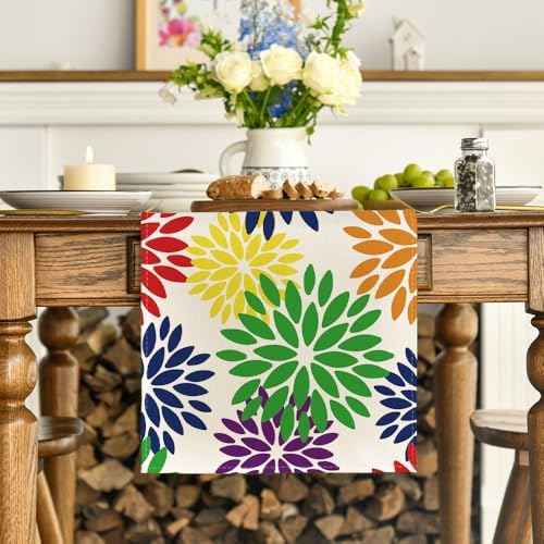 Artoid Mode Red Blue Green Dahlia Floral Pinnata Spring Table Runner, Seasonal Kitchen Dining Table Decoration for Home Party Decor 13x72 Inch - Image 2