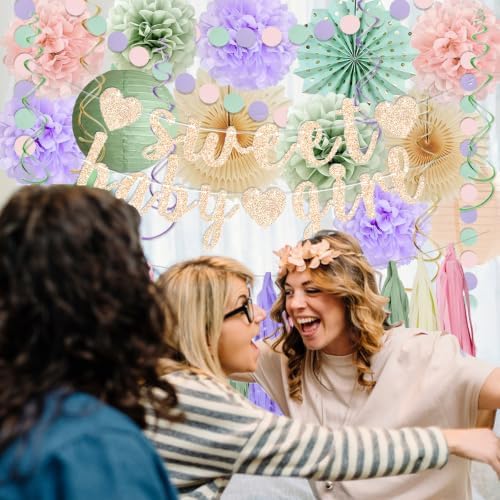 Sage Green and Blush Purple Baby Shower Decorations - Sweet Baby Girl Banner, Olive Green Lanterns, Streamers, Tissue Pom Poms, Paper Fans, Boho Paper Tassel, Rustic Backdrop Decor - Image 5