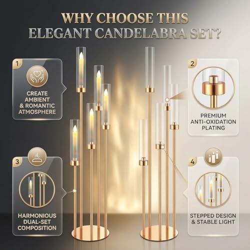 2pcs 42.5in Gold Floor Candelabra 5 Arm Gold Candelabra with Acrylic Shades Candle Holders,Elegant Metal Candlestick Stand for Perfect for Wedding Dining Room Living Room Event Decor - Image 4