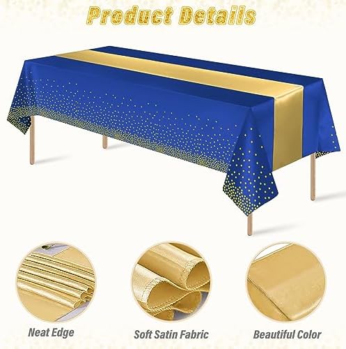 12 Pack Blue and Gold Tablecloth and Table Runner Party Decorations, Royal Blue and Gold Plastic Disposable Tablecloth and Satin Table Runner for Wedding Birthday Bridal Graduation Anniversary Party - Image 3