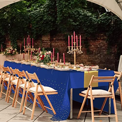 12Pack Disposable Plastic Tablecloths and Satin Table Runner Set Blue and Gold Dot Tablecloth Gold Satin Table Runner for Wedding Birthday Baby Shower Anniversary Christmas New Year Party Decorations - Image 6