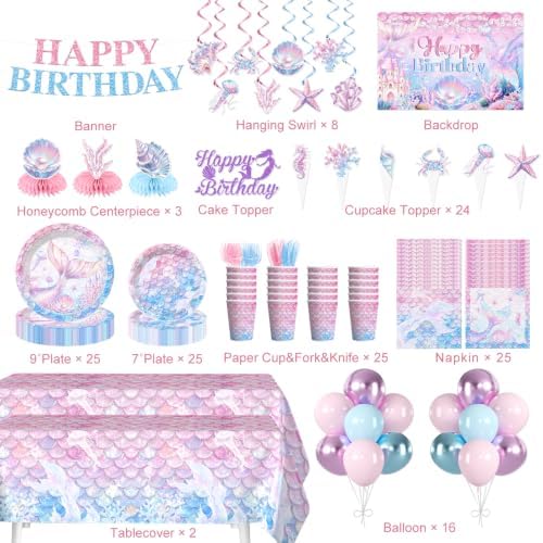 Mermaid Theme Birthday Decorations Plates and Napkins, Backdrop for Party - Image 2