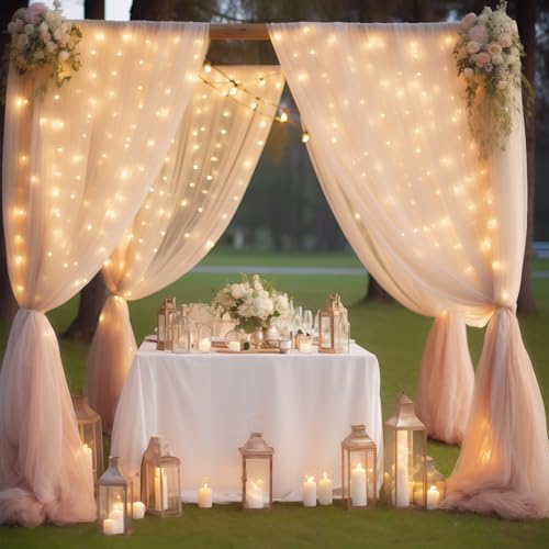 30×10ft Champagne Tulle Backdrop Curtain with Lights String for Parites, Sheer Photo Backdrop Curtains for Wedding Party Photography Background - Image 6