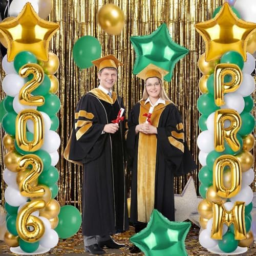 2 Sets Graduation Balloon Column Stand Kits with 132 PCS Green Gold White Latex Balloons 2026 Letters 6.5 Ft Adjustable Metal Tube Telescopic Tower Pillar with Base for Graduation Party Decoration - Image 2