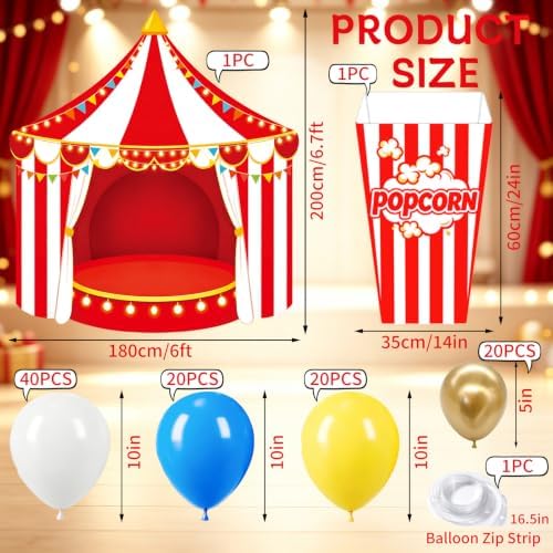 104 PCS Carnival Circus Party Decorations Set Backdrop, Includes Red White Tent Photo Background, Popcorn Boxes with 101 Balloon Kit, Carnival Theme Birthday Party Decor Supplies - Image 2