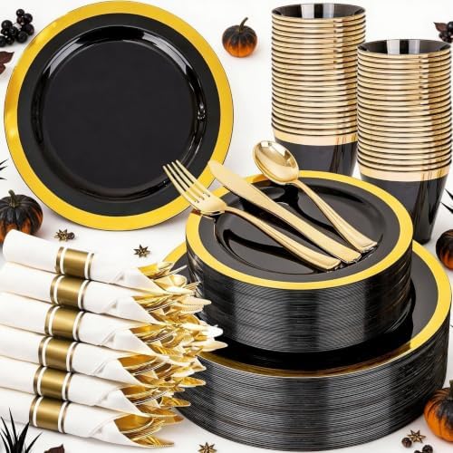YOUBET 350PCS Black and Gold Plastic Plates for Party Wedding Halloween by YOUBET