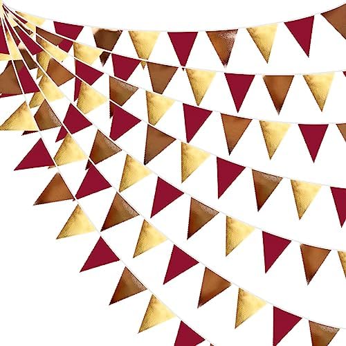 Fall Party Decorations Maroon Gold Brown Metallic Fabric Triangle Pennant Banner Burgundy Flag Bunting Garland for Autumn Thanksgiving Wedding Birthday Bridal Shower Engagement Graduation Garnet Party by pinkblume