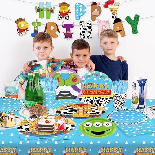 171pcs Toy Birthday Party Supplies Include Paper Plates Napkins Cups Banner - Image 7