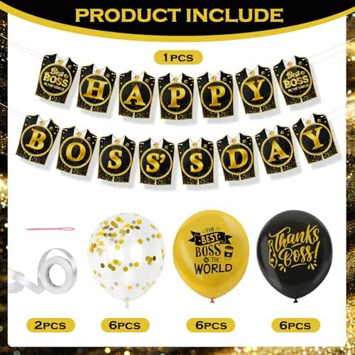 Konsait Happy Boss Decorations - Black & Gold Banner, Balloons & Office Decor Supplies for National Boss Day - Image 3