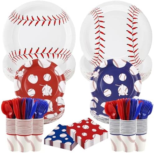 Kochorie 400 Pieces Baseball Disposable Tableware Sets, Baseball Party Supplies with Plates Cups Napkins Cutlery Serves 50 for Birthday Sports Party Decorations by Kochorie