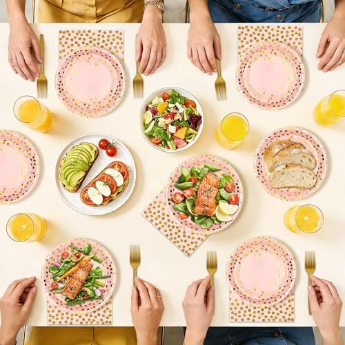 Pink and Gold Paper Plates and Napkins Tablecloth Party Supplies,Serves 25 Guests Pink Gold Plates and Napkins Tablecloth,Disposable Tableware Set for Birthday Wedding Bridal Shower Decorations - Image 5