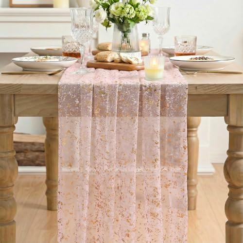 Artoid Mode 6PC Gold Gauze Pink Table Runner 120 Inch 10FT, Glitter Metallic Foil Sheer Dining Wedding Anniversary Holiday Birthday Table Decor for Home Party - Image 2