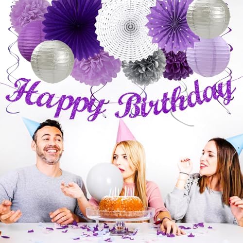 Purple Lilac-Lavender Silver Women Birthday Party-Decorations - 21pc Happy Banner,Paper Lanterns Streamers,Tissue Pom Poms Honeycomb Flower Fan, Girls Hanging Decor Supplies Garland Backdrop Huglony - Image 4