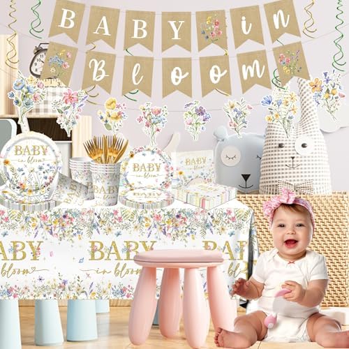 178Pcs Baby in Bloom Baby Shower Decorations-Wildflower Paper Plates and Napkins Kit Girls Floral Baby Shower Dinnerware Serves 24 - Image 2