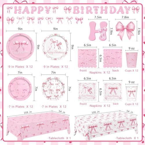 Pink Bow Happy Birthday Decorations Set for 24: Bachelorette Party Supplies Kit with Dinner & Dessert Plates, Napkins, Cups, Banner, Tablecloth - for Women's Tea Birthday Party Decorations - Image 2