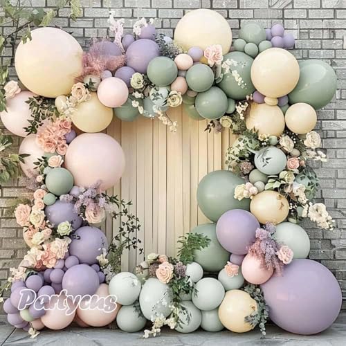 Dusty Green Purple Pink Balloon Arch, Double Stuffed Lavender Light Sage Green Ivory Blush Pastel Balloon Garland Kit for Baby Shower Birthday Wedding Bridal Wild-Flower Tea Party Decoration by Partycus