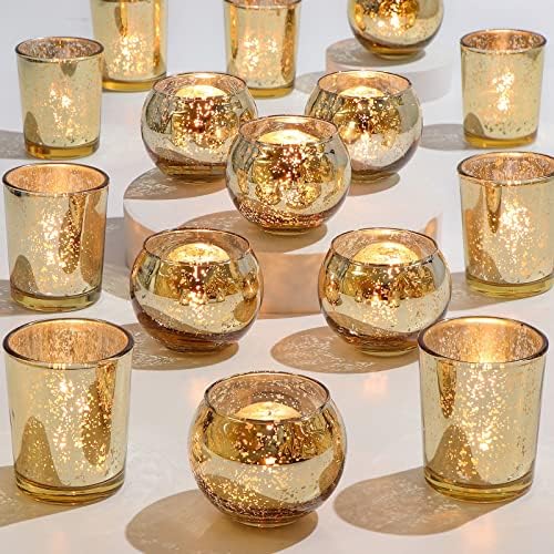 24 Pcs Assorted Gold Votive Candle Holders, Mercury Glass Tea Lights Holder by DEVI
