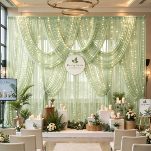 Wish Care 20x10FT Green Wrinkle Free Backdrop Curtains with Lights String for Parties - Photo Curtain Backdrop with Lights for Wedding Decorations, Bridal Baby Shower Birthday Party Photography - Image 2