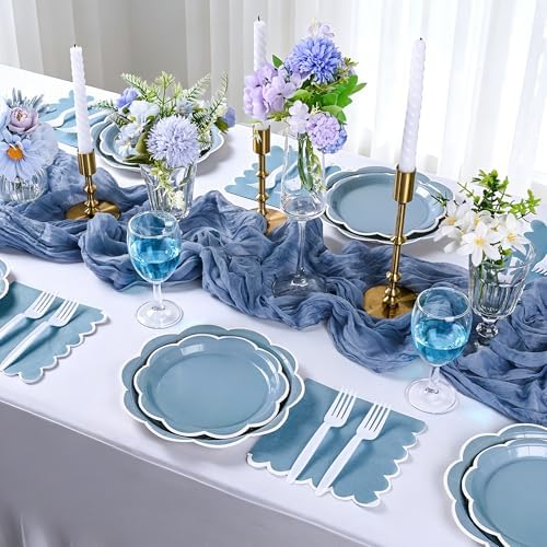 96 Pcs Dusty Blue and White Paper Plates and Napkins Set for 24 Guest - Image 3