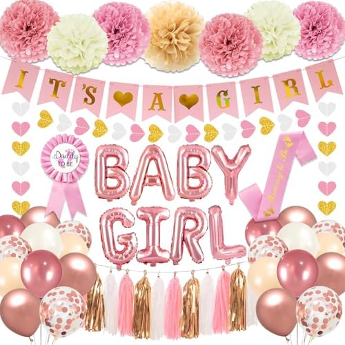 Pink Baby Shower Decorations for Girl Set with Its a Girl Banner Baby Girl Letter Foil Balloons Mom to Be Sash Dad to Be Pin Paper Pom Poms for Gender Reveal Decorations by Unknown