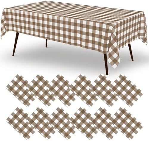 misaya 12 Packs Brown White Buffalo Gingham Plastic Disposable Table Cloth by misaya