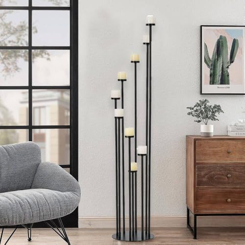 Set of 10 Black Floor Candle Holders, 9 Arm Candelabra - Image 4