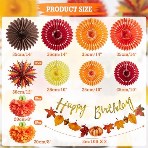 SUNBEAUTY Fall Party Decorations Orange Birthday Decorations Hanging Paper Fan Pumpkins Paper Pom poms Maple Leaves Happy Birthday Banner for Thanksgiving Autumn Harvest Classroom Office Party - Image 3