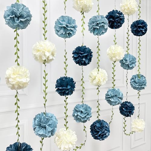 Dusty Blue Party Decorations Dusty Navy Blue Beige Tissue Paper Flowers Pom Pom with Leaf Ribbon Hanging Garland Streamer for Birthday Wedding Graduation Retirement Nautical Party Supplies - Image 4