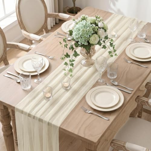 Artoid Mode 3Pcs Beige Gauze Table Runner 28x120Inch, Seasonal Sheer Kitchen Dining Holiday Wedding Birthday Baby Shower Table Decor for Home Party - Image 4