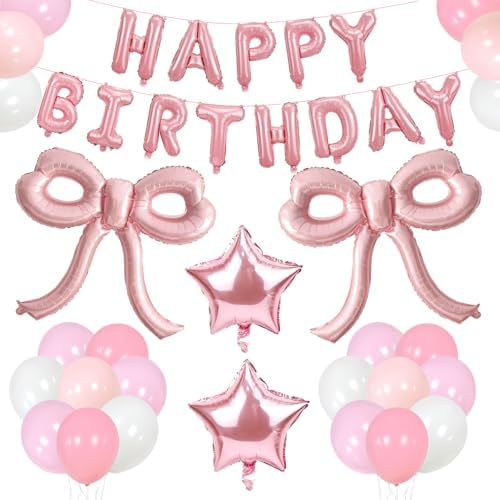 Bow Party Decorations Pink Happy Birthday Balloons Banner Pink Birthday Decorations Bow Balloons for Women Girls Birthday Decor Party Supplies by Unknown