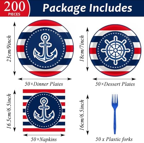 gisgfim 50 Guests Nautical Anchor Party Supplies Anchor Theme Plates and Napkins Plastic Forks Sailor Boat Ship Tableware Nautical Paper Plates for Baby Shower Birthday Party Boys Girls Kids 200PCS - Image 2