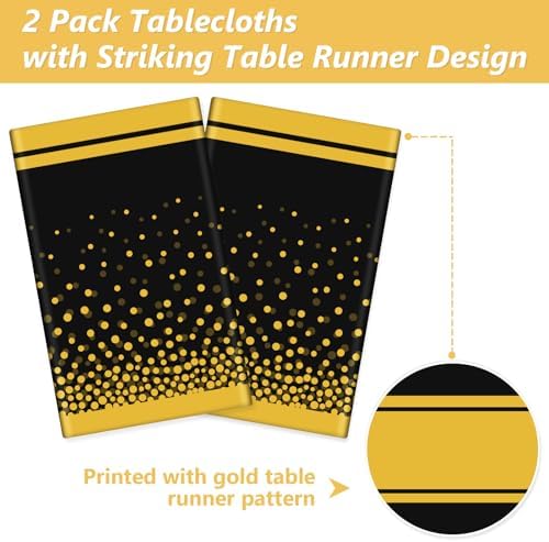 LANLISA Black and Gold Tablecloth Party Decorations 2 Pack, Disposable Table Cloths for Graduation Birthday Retirement Anniversary Party Decor - Image 4