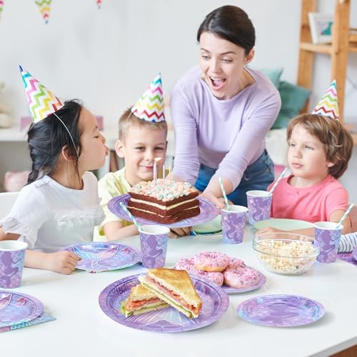 168PCS Mermaid Party Supplies, Purple Mermaid Tableware Party Plates Set - Image 7