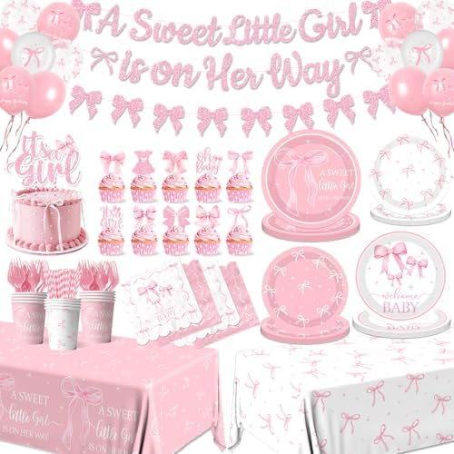 Pink Bow Baby Shower Decorations for Girl,Pink Bow Birthday Party Supplies Include Bow Plate,Napkin,Banner,Cake Topper,Balloons Welcome Baby Girl Decorations for Coquette Bow Party Serves 25 by Gupesxu