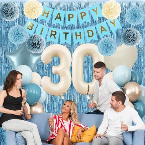 Dusty Blue 30th Birthday Party Decorations Men Beige Number 30 Balloon - Image 3