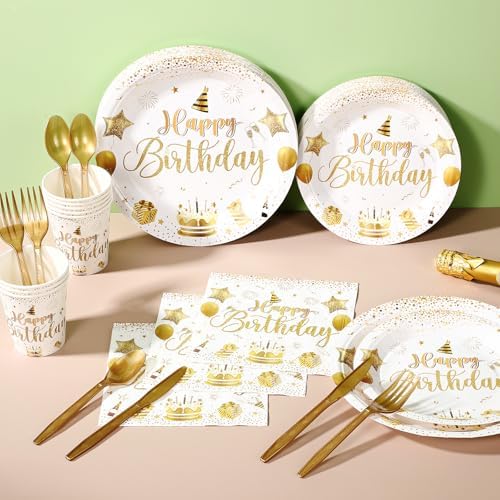 Vesici 171 Pcs Happy Birthday Party Supplies 24 Set Table, White, Gold - Image 2