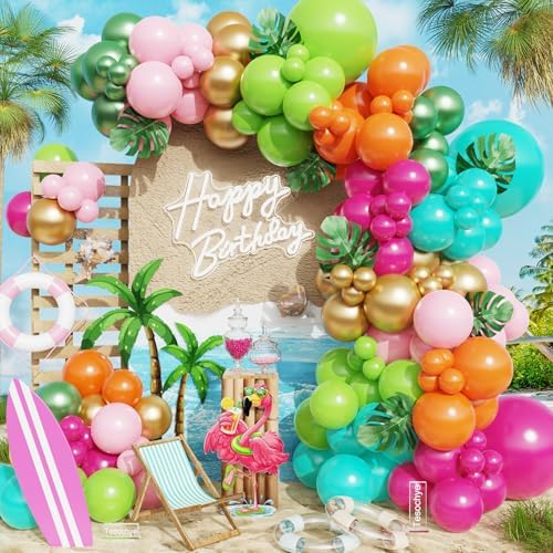 Flamingo Hawaiian Tropical Balloon Garland Arch Kit,161 Pcs Fruit Green and Hot Pink Aqua Blue Orange Gold Balloons for Hawaii Summer Beach Pool Luau Birthday Baby Shower Party Decorations by Tesochye